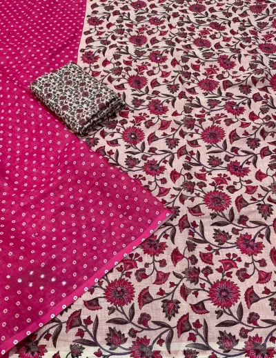 Floral Linen Printed Saree - Rani Pink